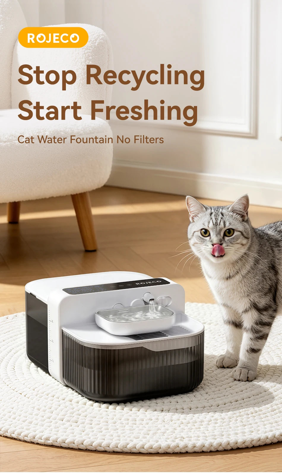 ROJECO Wireless Cat Water Fountain Smart Pet